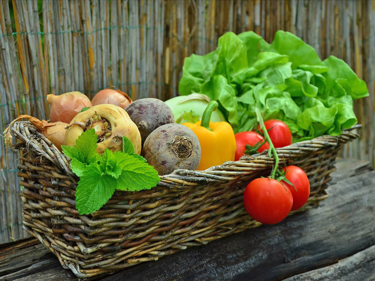 A long wicker basket filled with vegetables and herbs, including tomatoes, peppers and beetroot.
