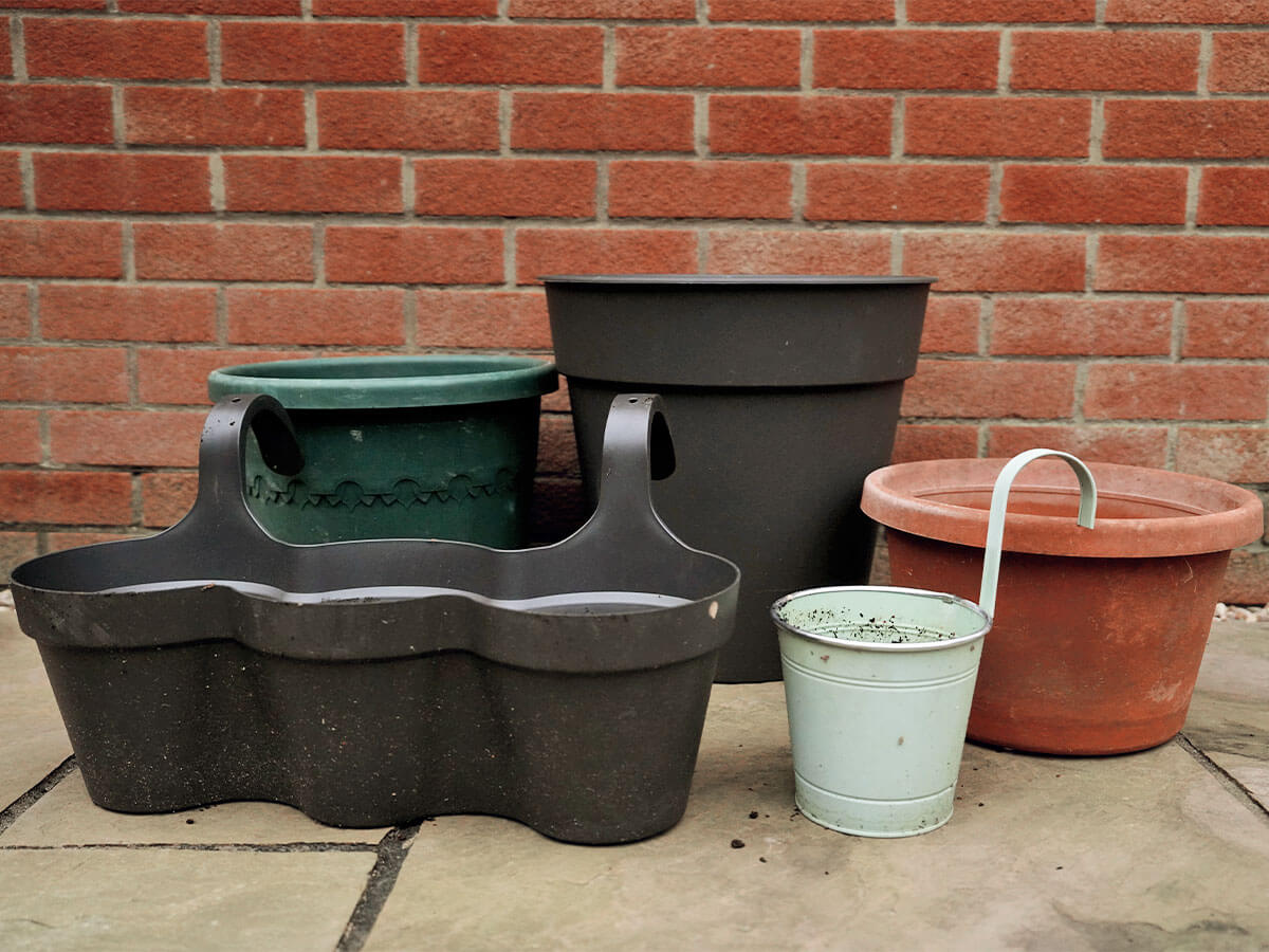 A selection of containers suitable for a balcony garden.