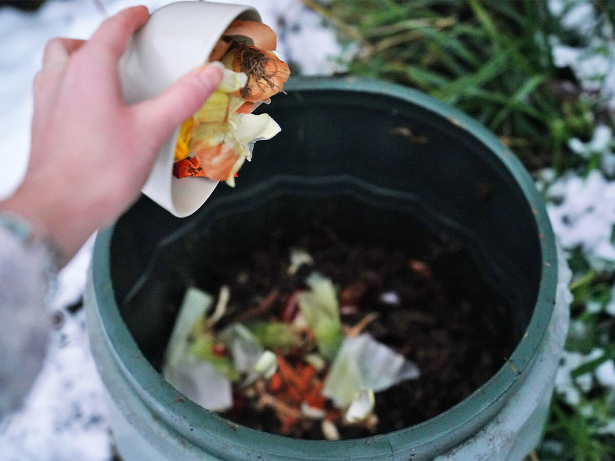 My left hand emptying a bowl of kitchen scraps into my compost bin. Snow can be seen on the floor.